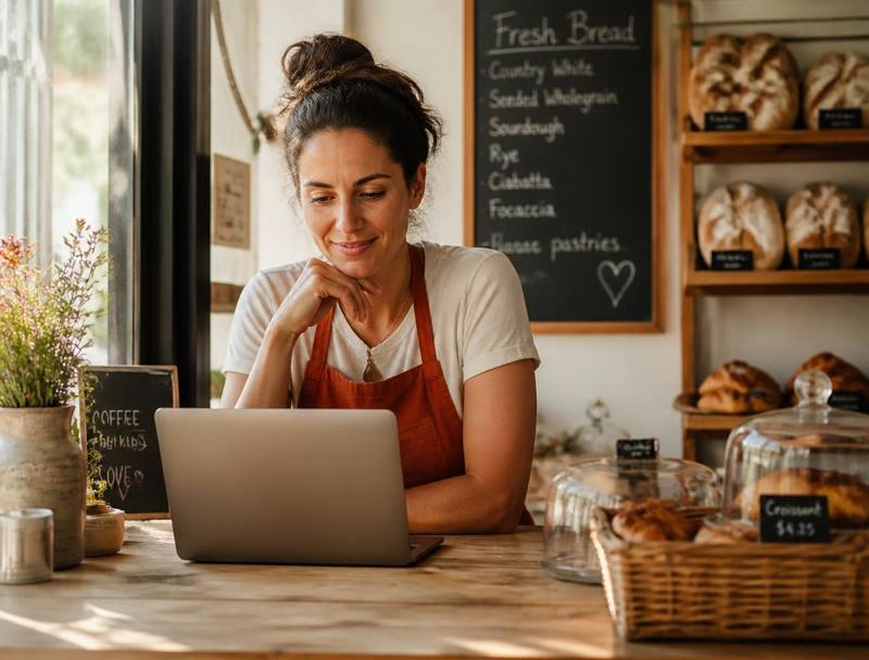 Bakery owner checking her numbers on a laptop at the counter