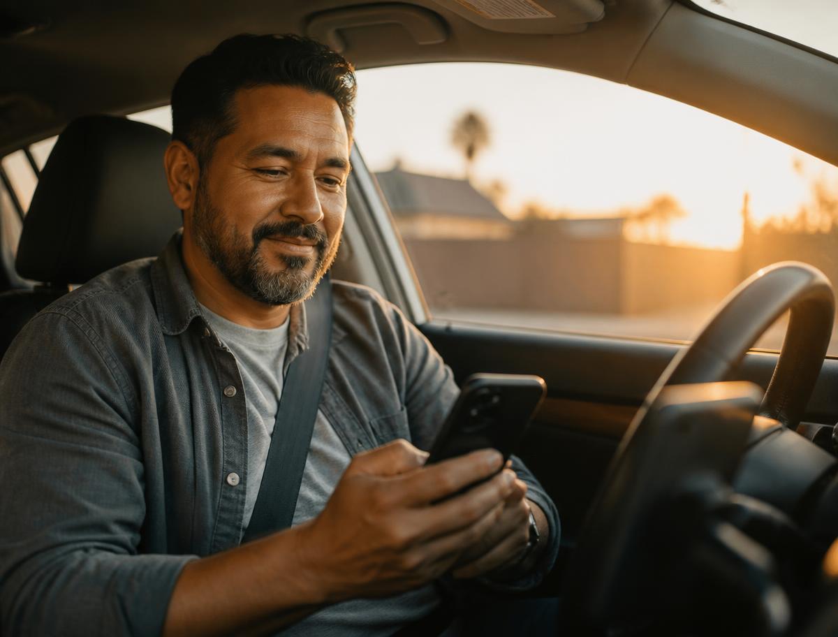 Rideshare driver checking his earnings on his phone in his car