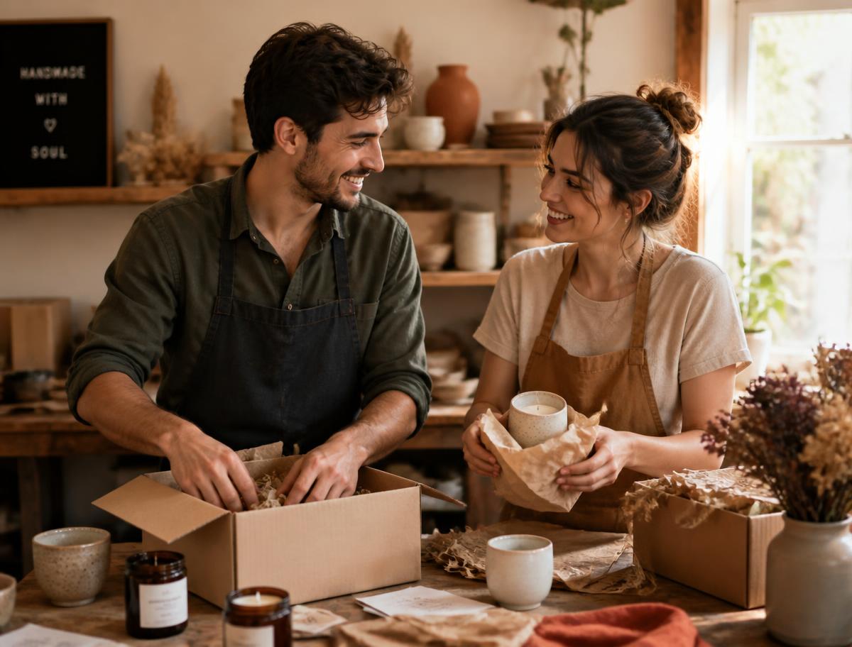 Two makers packing handmade orders in their studio